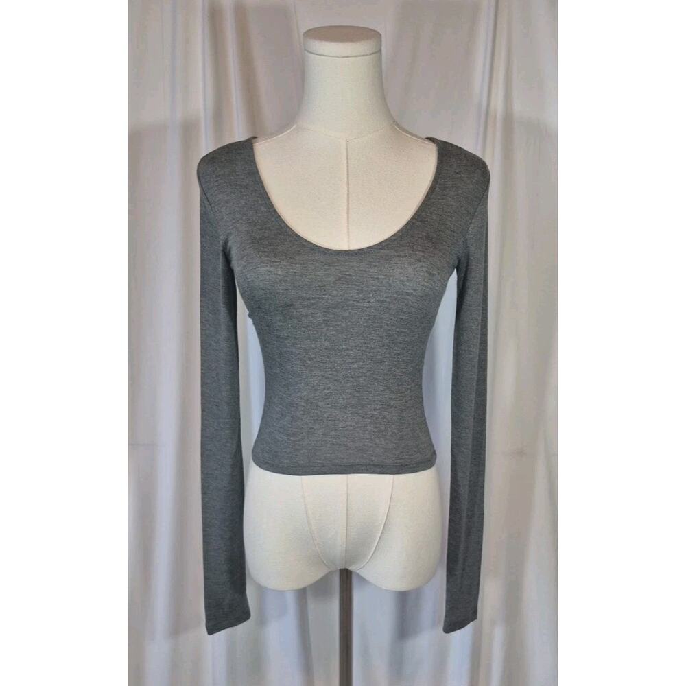 Joah Brown Scoop Neck Long Sleeve Gray Top XS S